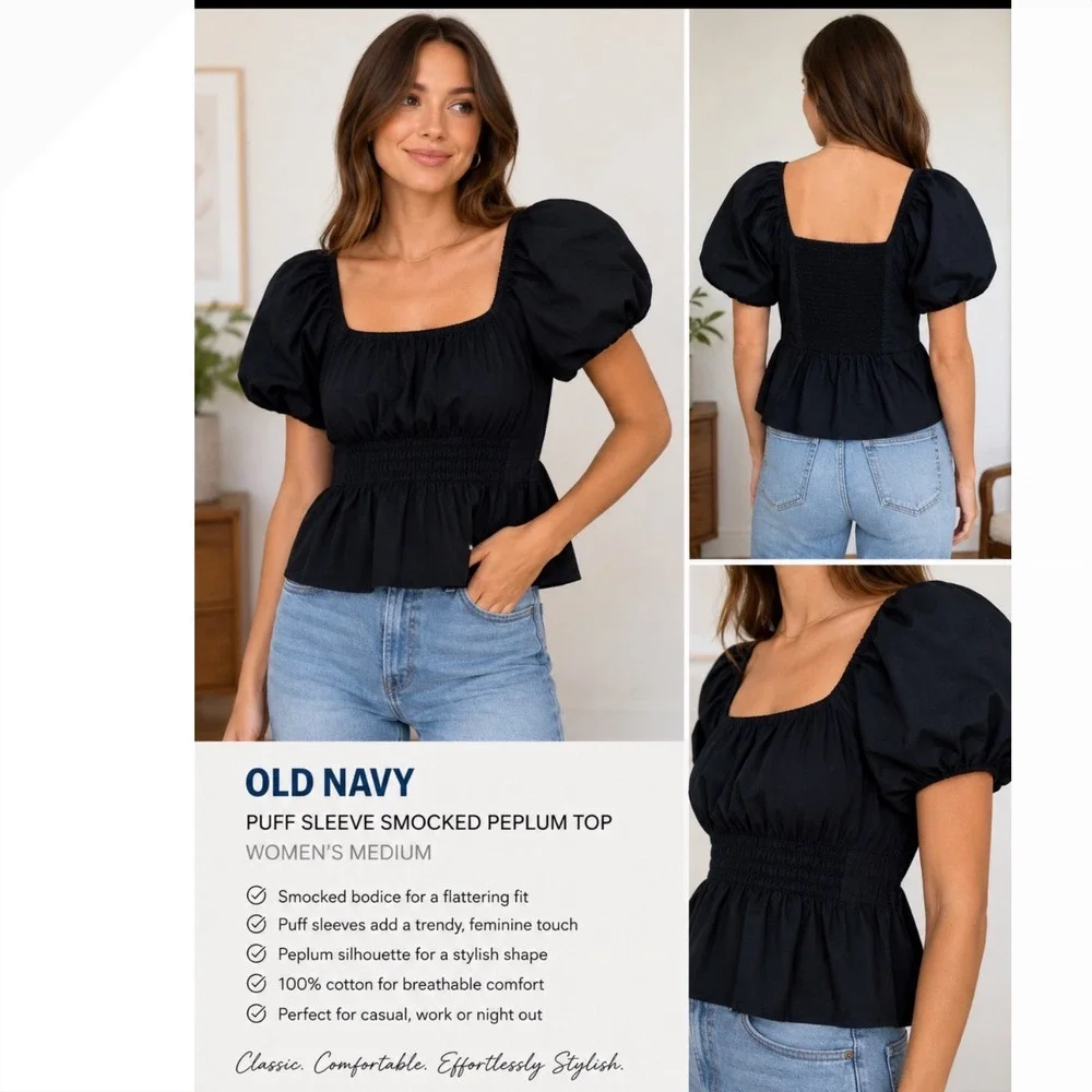 Old Navy Black Puff Sleeve Smocked Peplum Top Cotton Square Neck Blouse Medium